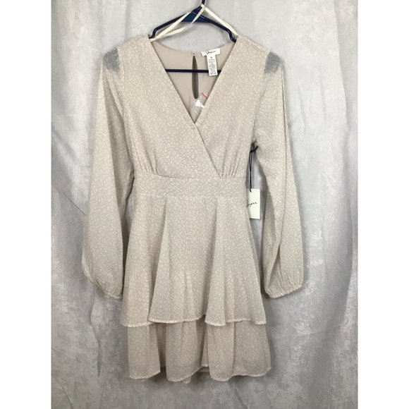Japna Small A-Line Mini Dress Long Balloon Sleeve Layered Lined Tie Back V-Neck - Picture 1 of 12